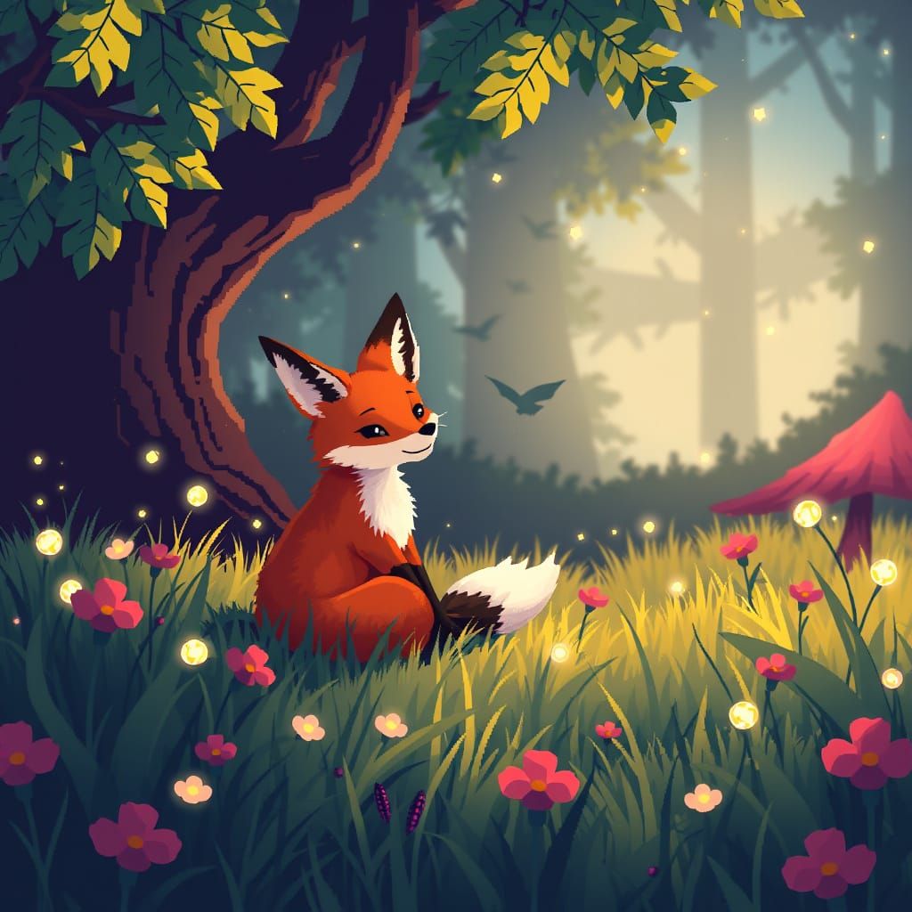 Anime Fox in Enchanted Forest Pixel Art