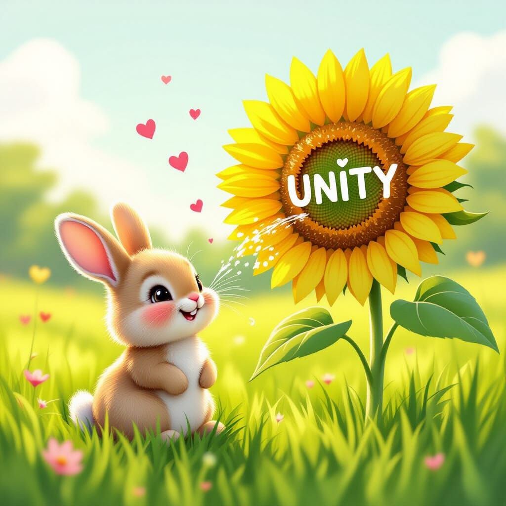 Whimsical Bunny and Giant Unity Sunflower in Pastel Field