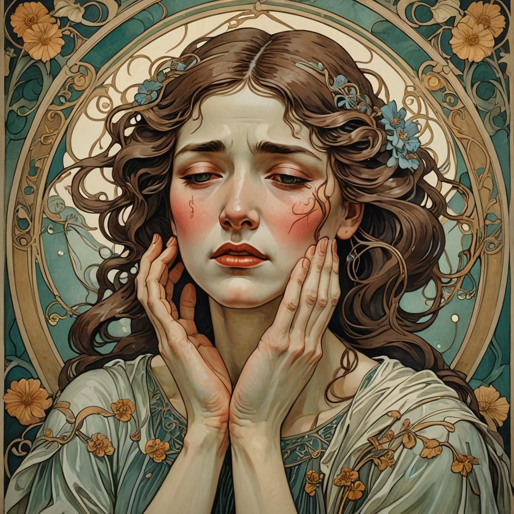 Art Nouveau Portrait of a Crying Woman