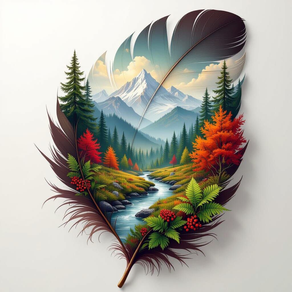 Feather with Painted Forest Landscape and Mountains