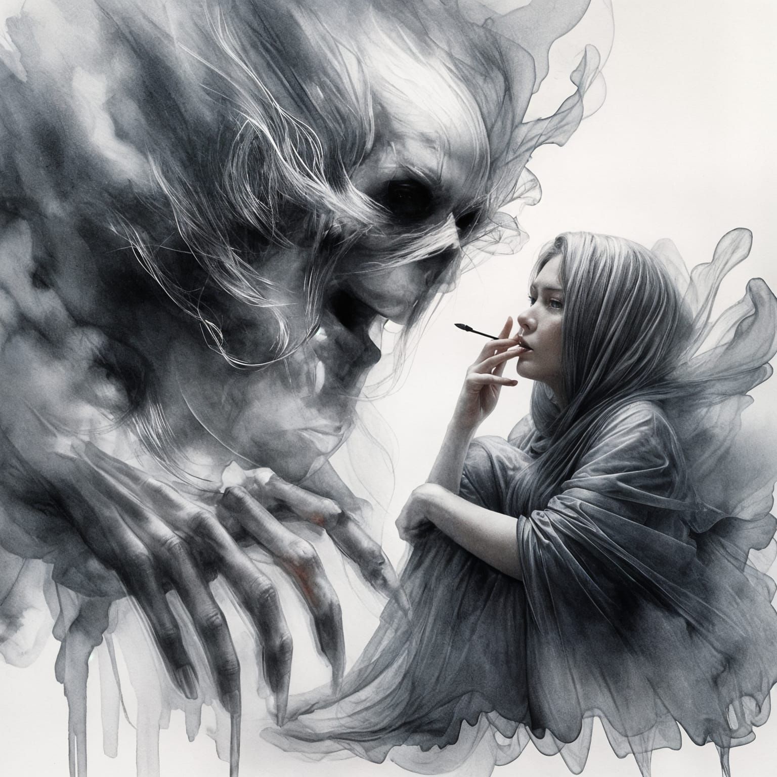 Smoke Demon Emerges in Watercolor Style