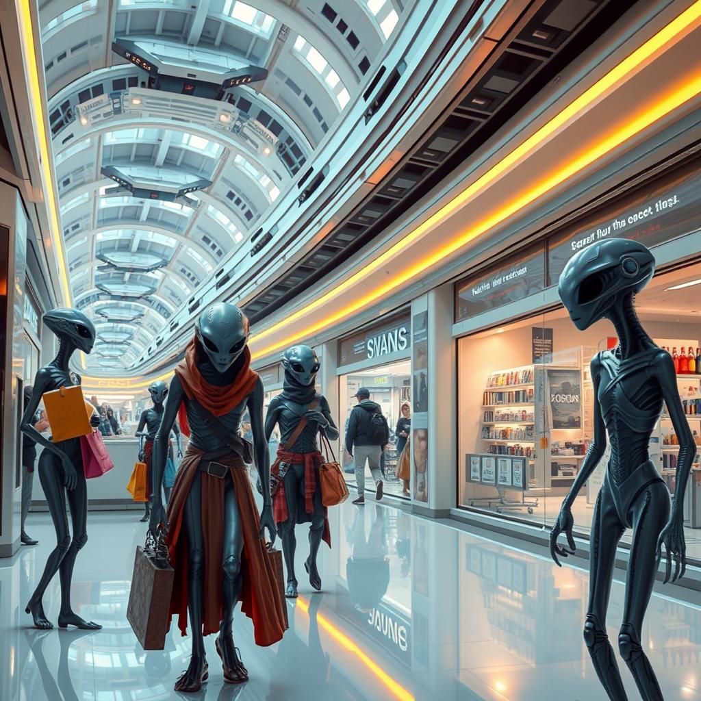 Alien tourists in a shopping mall