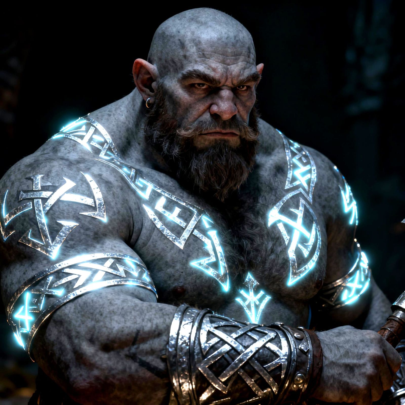 Powerful Dwarf with Glowing Silver Rune Tattoos