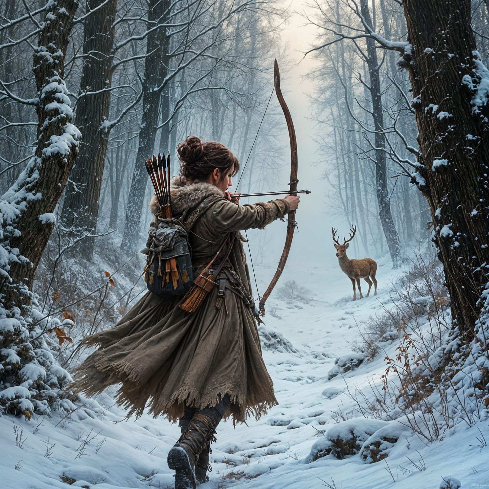 Elusive Huntress Stalks Winter Prey in Dark Fantasy Realm