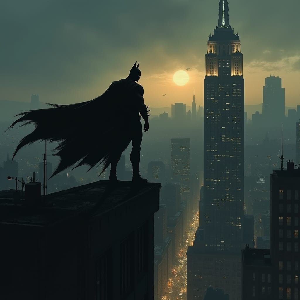 Batman in Gritty Gothic Noir Cityscape