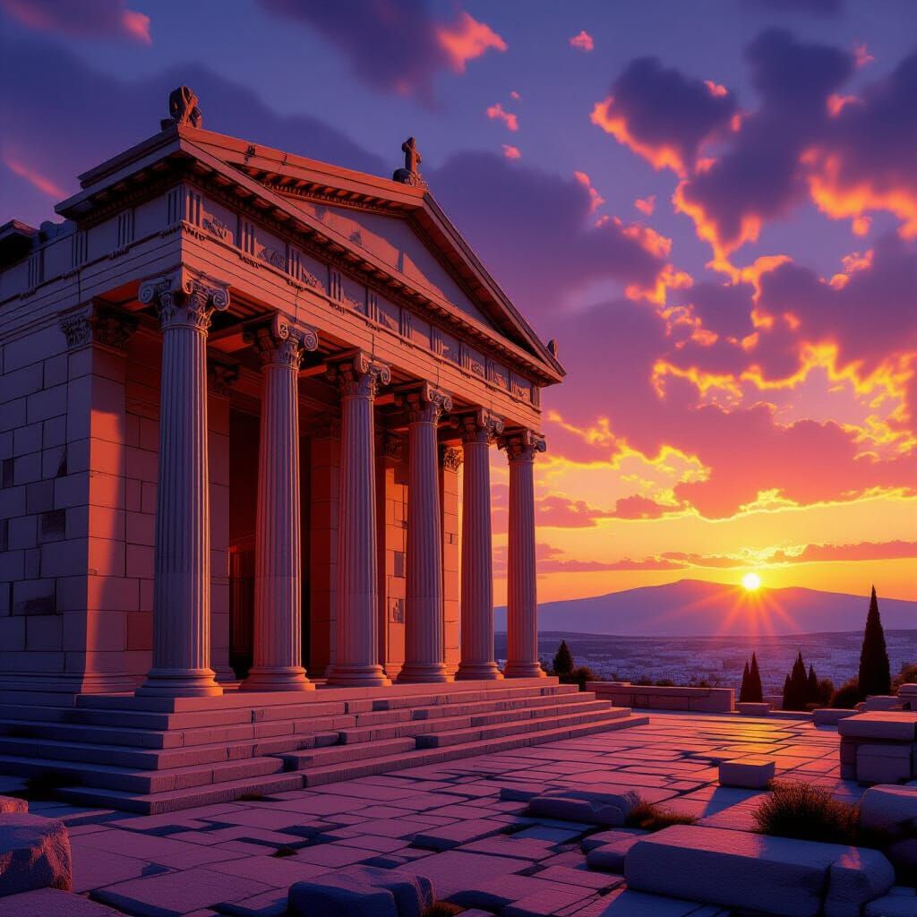 Majestic Greek Architecture at Golden Hour Sunset