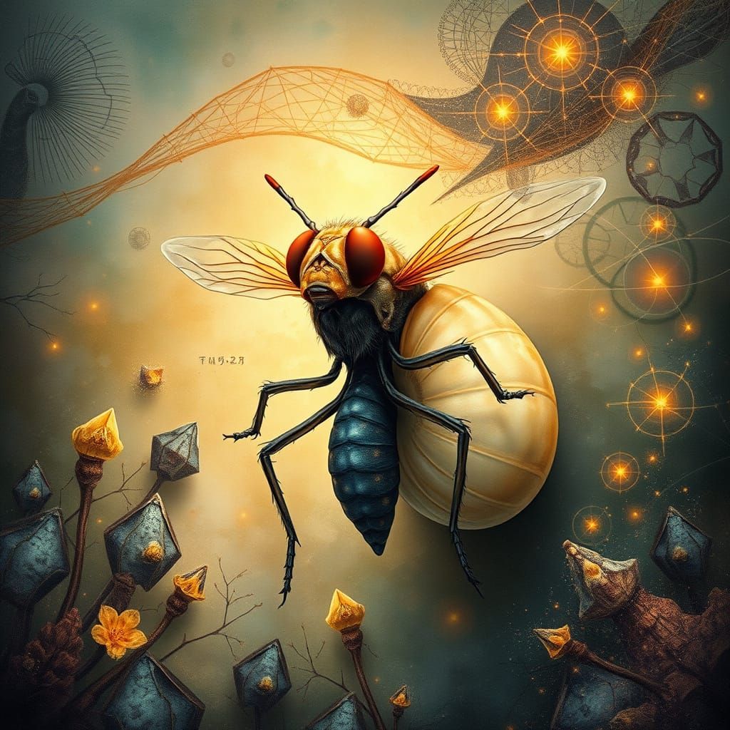 Ethereal Fly-Snail Hybrid in Surrealist Nature Scene