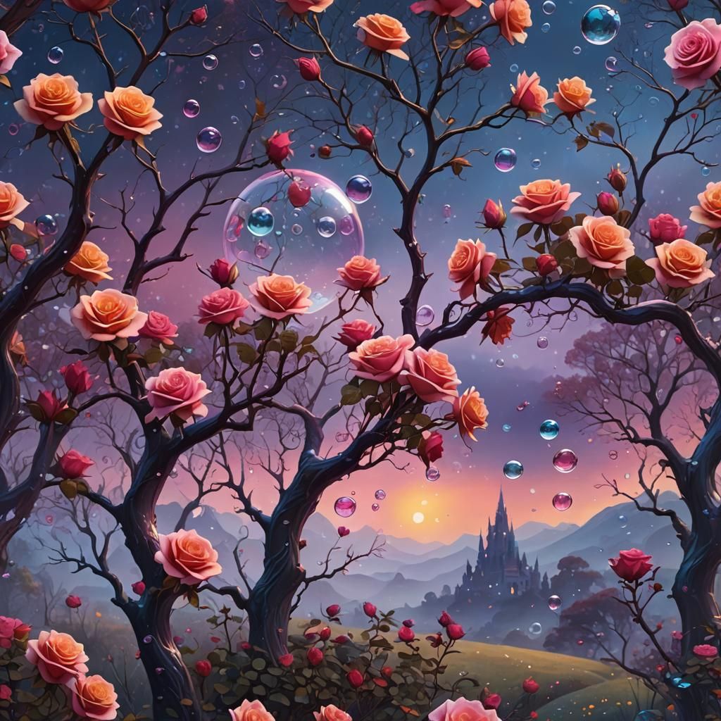 Floating Roses in Bubbles: Fantasy Landscape