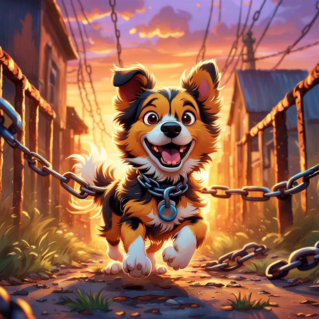 Dog Breaks Free: Vibrant Digital Art in Cartoon Style
