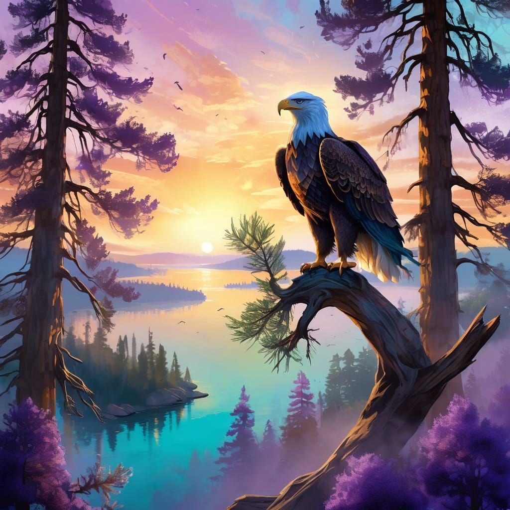 Whimsical Eagle Perches in Golden Light, Protecting a Magica...