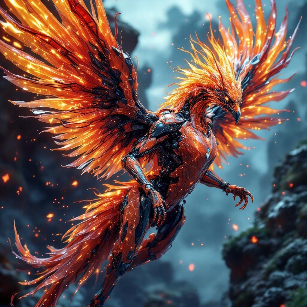 Crystal Biomechanical Phoenix with Robotic Body, Photorealis...