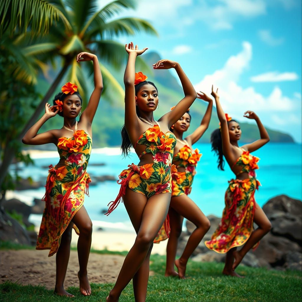 Hawaiian Dancers in Cinematic Film Still