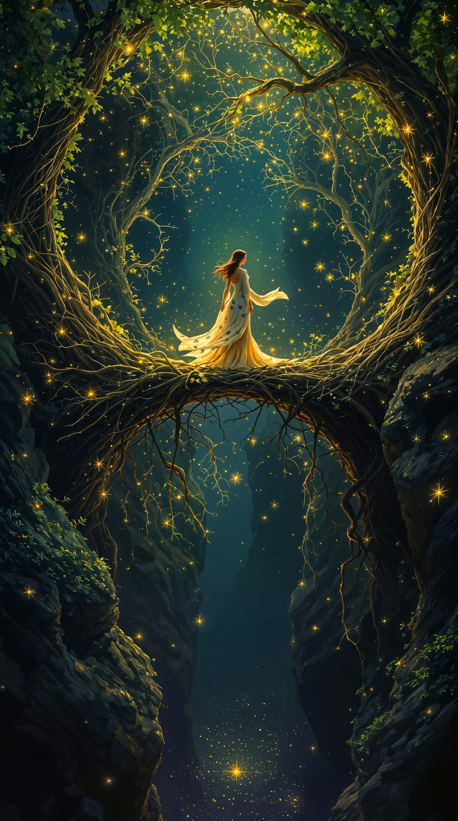Serene Woman Bridges the Abyss in Whimsical Digital Art
