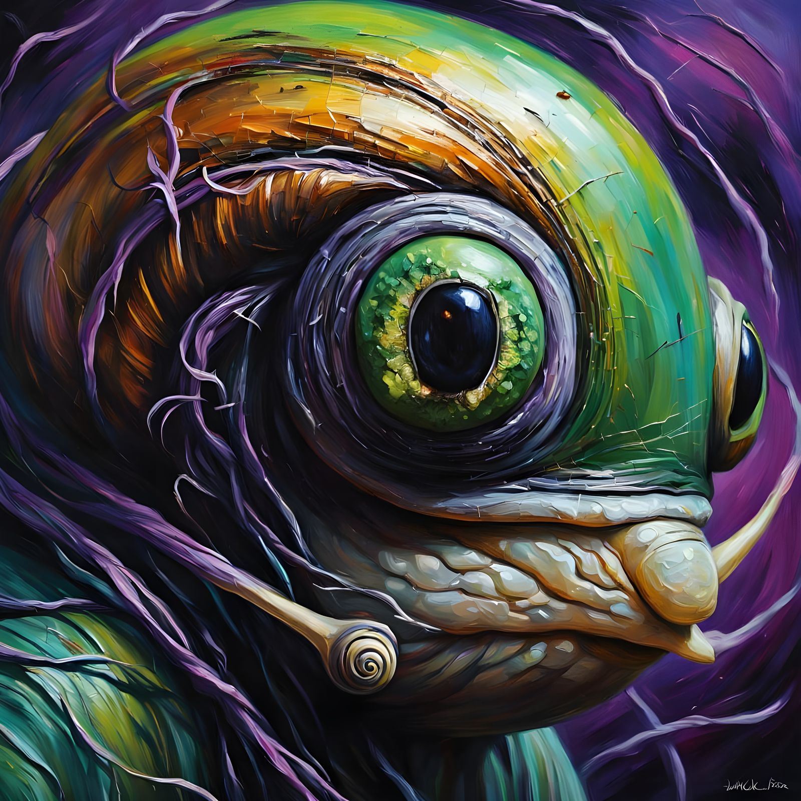 Snail with LED Eyes in Dreamscape: Impasto Painting