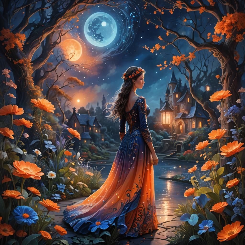 Magical Artist in Moonlit Garden: Fantasy Concept Art