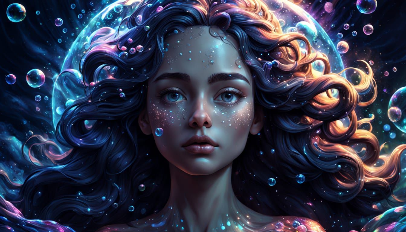 Cosmic Face Emerges from Water: Digital Illustration