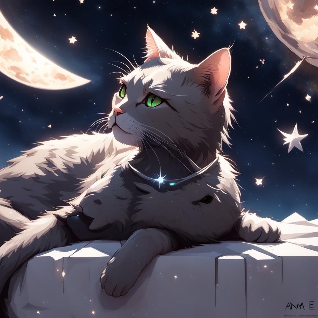Girl and Cat Stargazing: 3D Anime Art