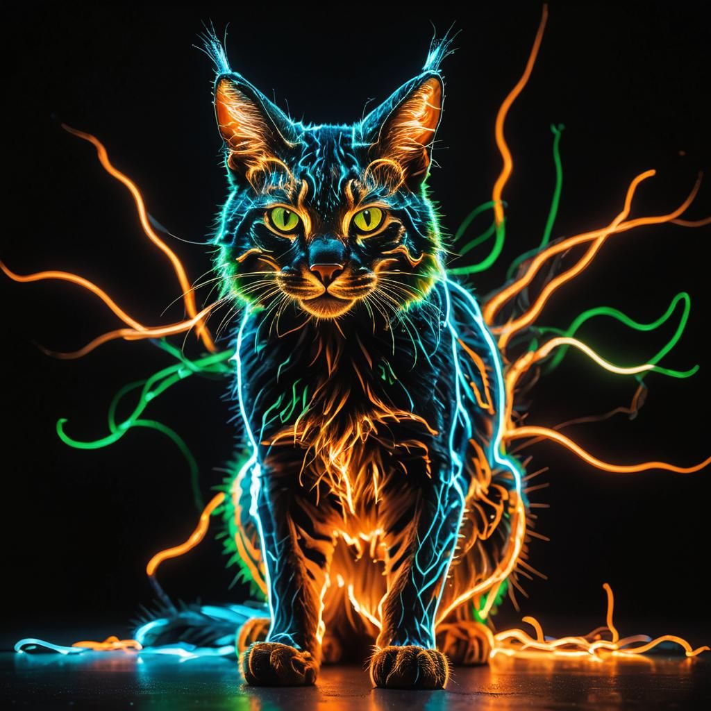 Glowing Neon Cat Made of Light Trails