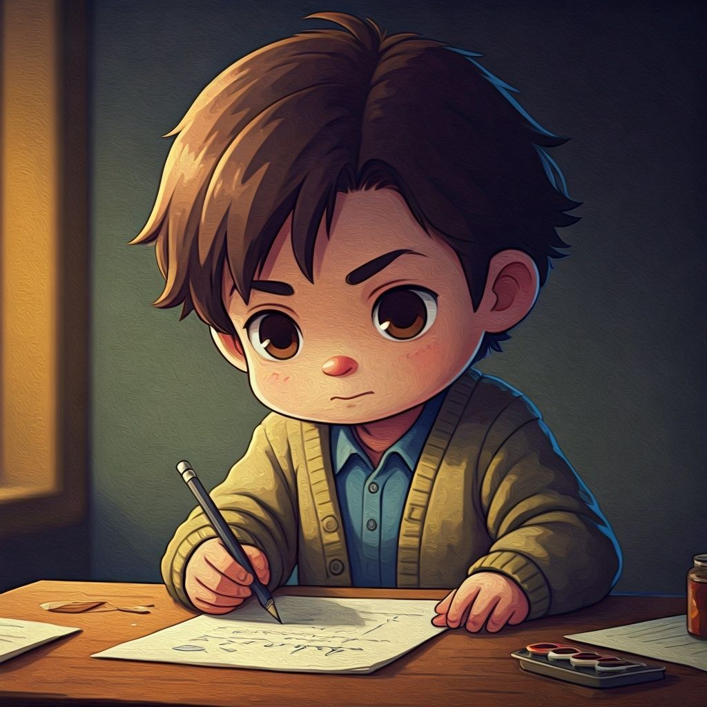 Chibi Writer's Epic Story in Gouache Style