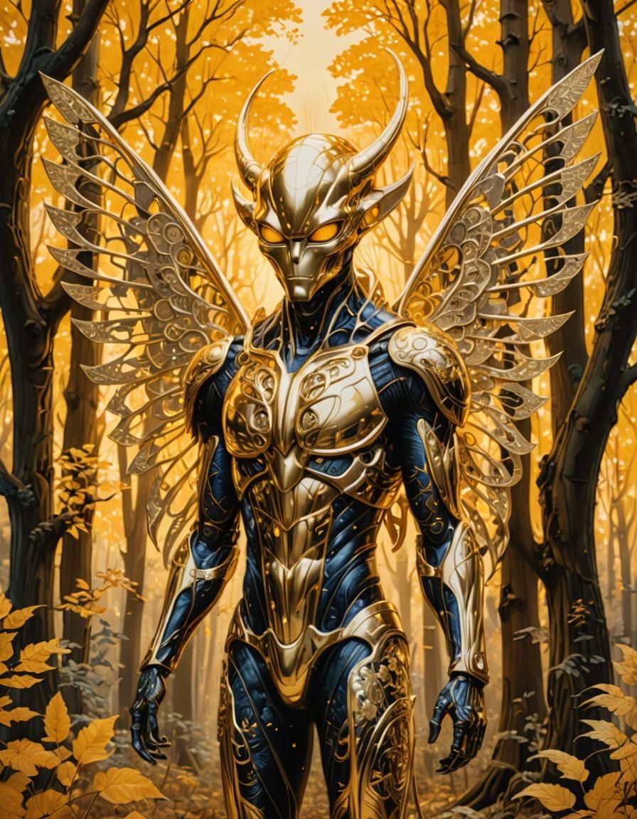 Golden Alien in Golden Forest: Hyperdetailed Watercolor Art