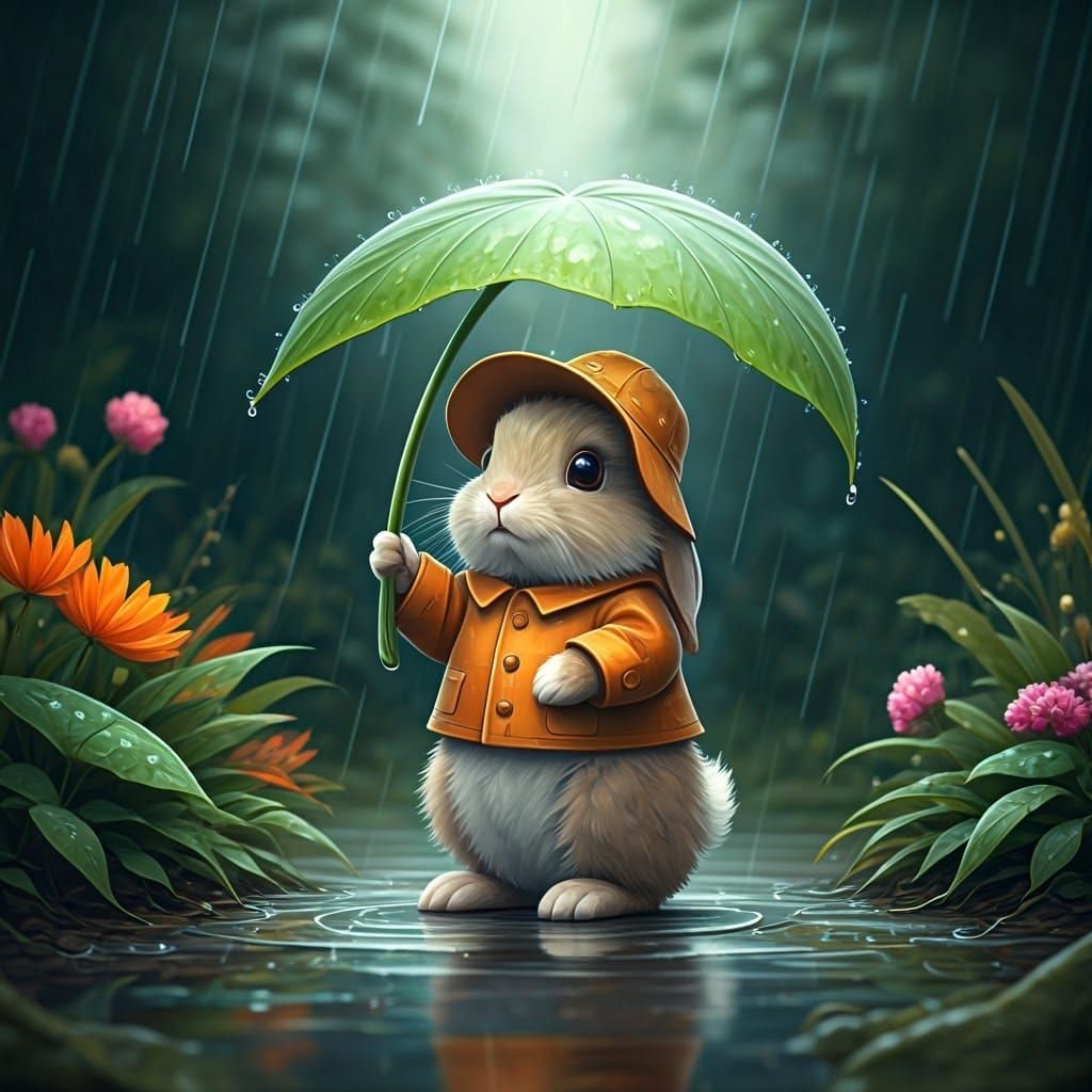 Bunny in Raincoat Under Leaf Umbrella