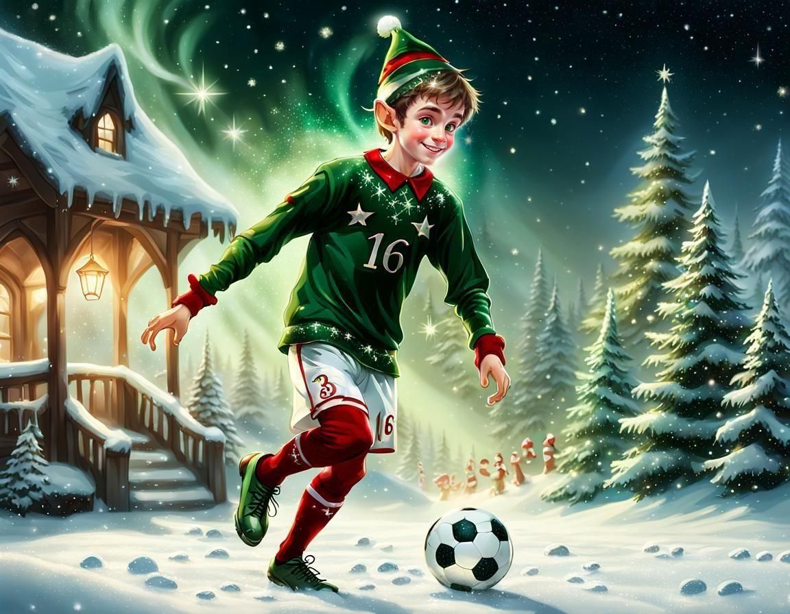 Christmas Elf Plays Soccer in Winter Snow