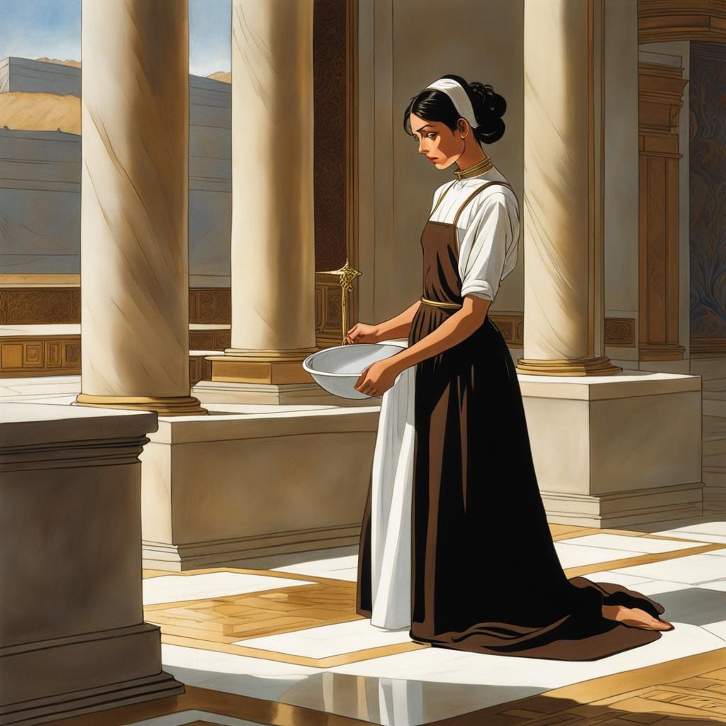 Maid Washing Floor in Moebius Style