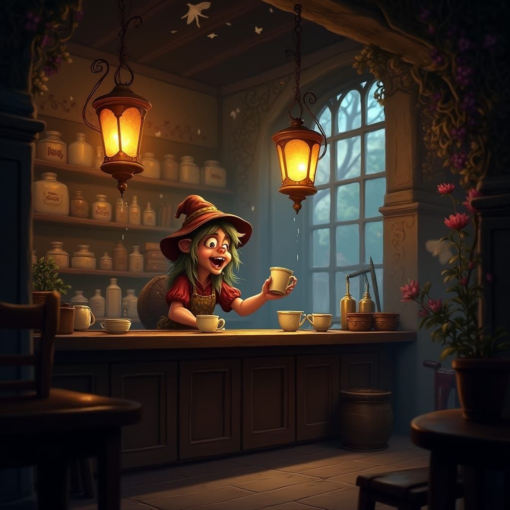 Magical Floating Coffee Mugs in Enchanted Cafe