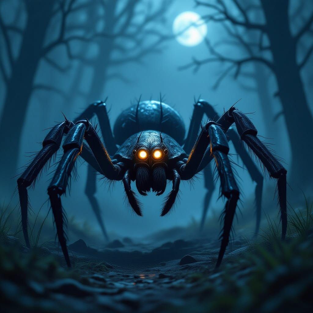 Enormous Spider in Moonlit Forest Clearing