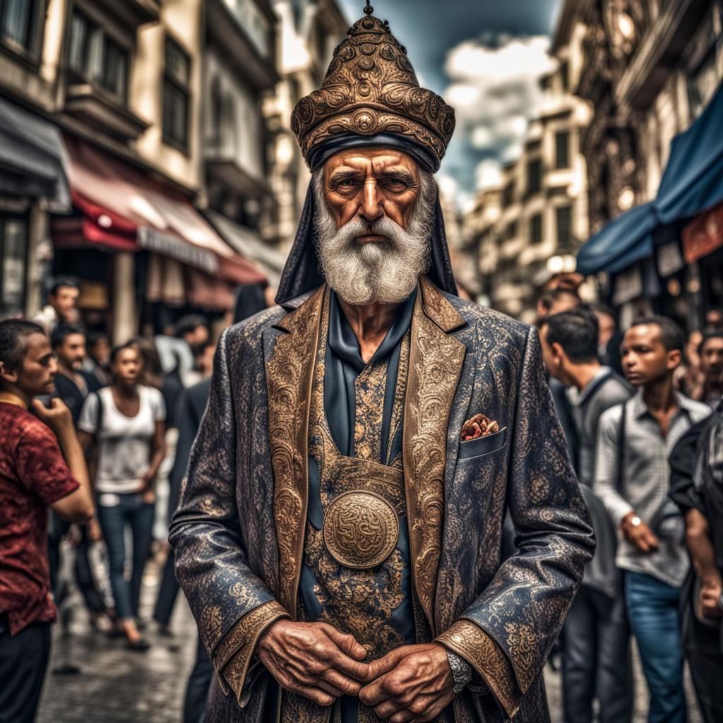 Mergen: Turkish God in Crowded Street, Hyperrealistic