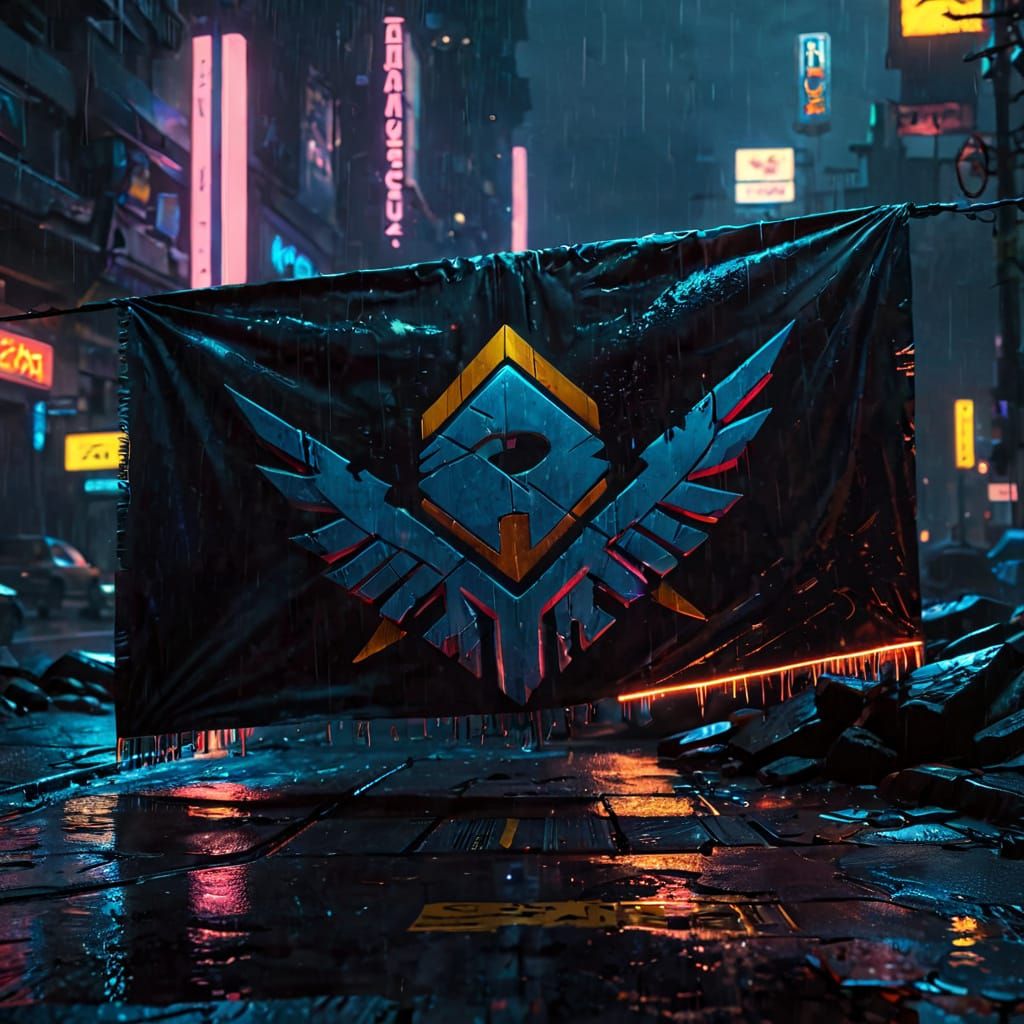 Cyberpunk Flag with Neon Fringe and Metallic Accents