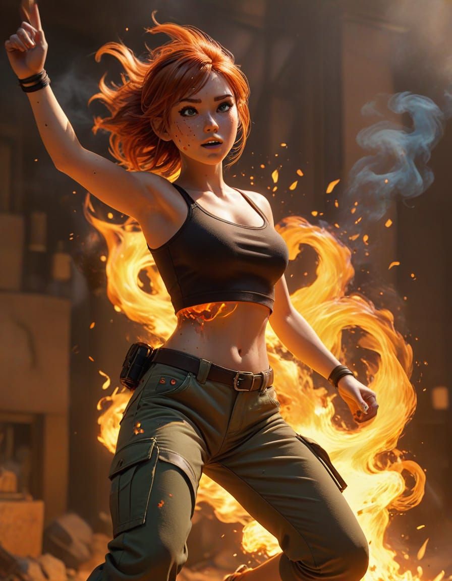 Anime Woman Leaping Through Fire in Cel-Shaded Style