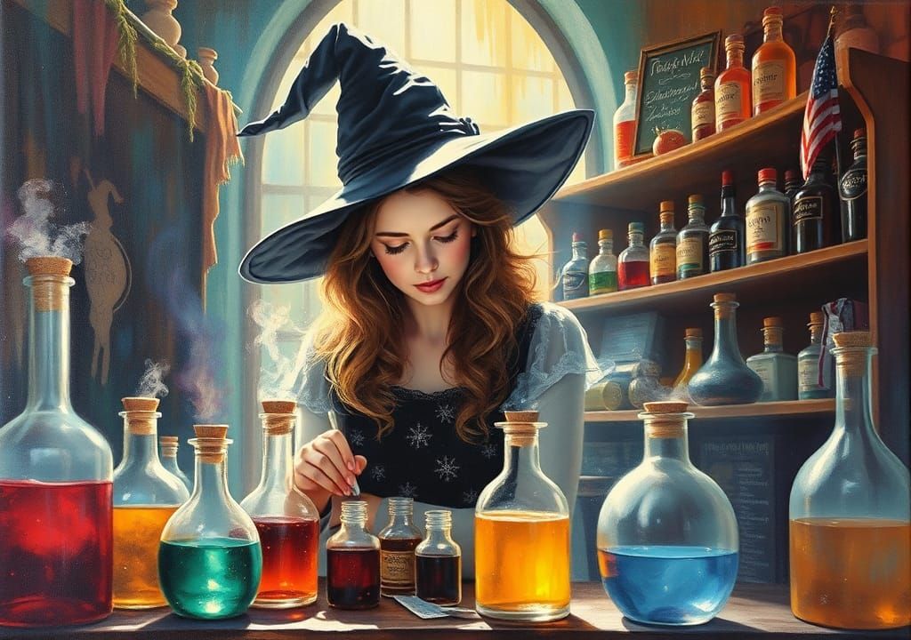 Pastel Gouache Witch Potion Shop in Double Exposure