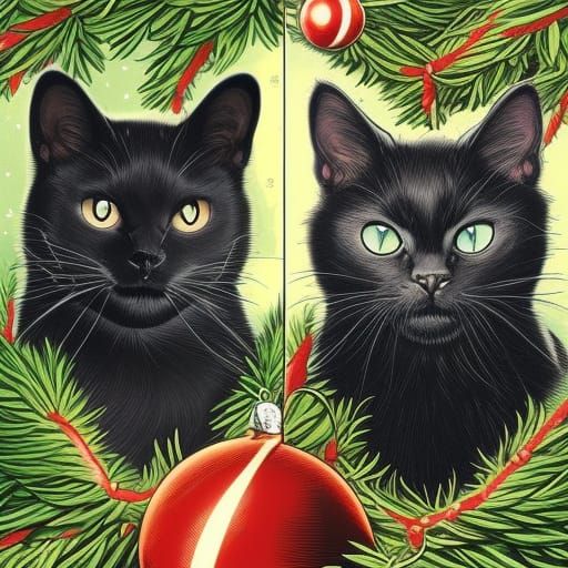 Black and White Cats in Christmas Tree