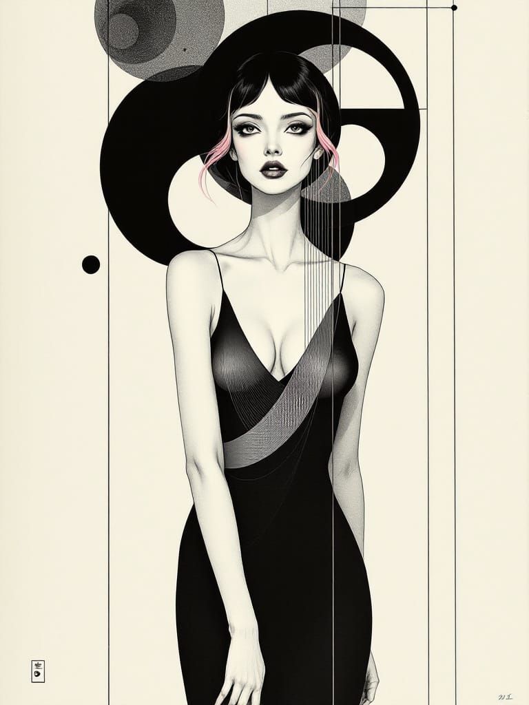 Art Nouveau Pin-Up Woman with Pink Hair