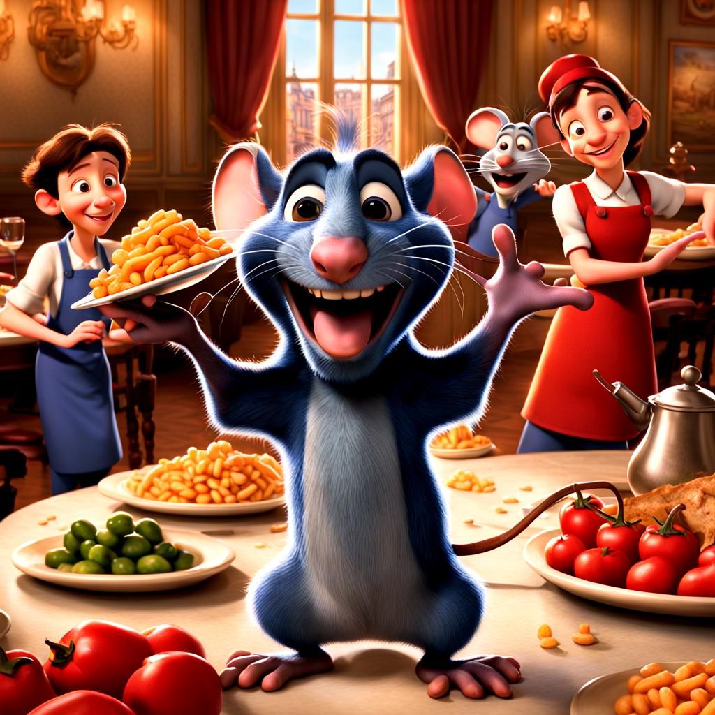 La souris ratatouille souriante avec ses amis