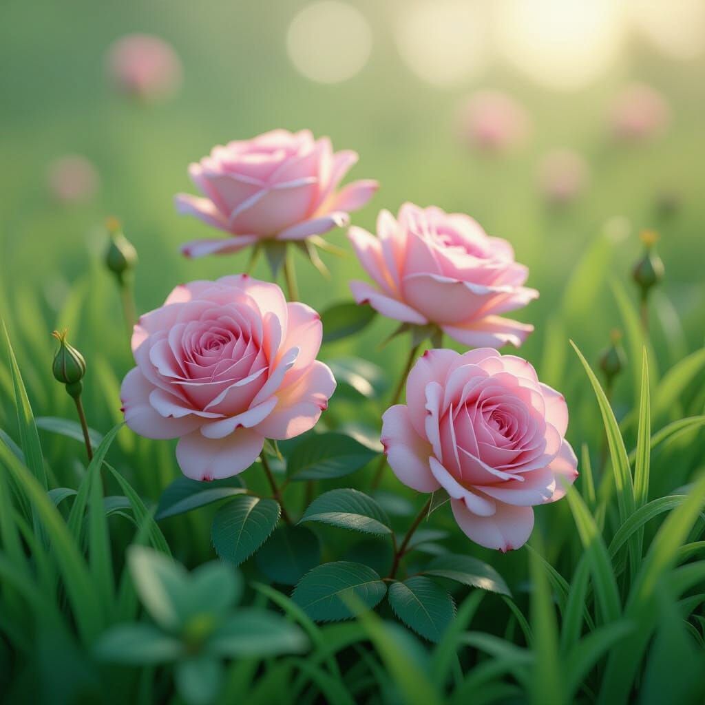 Pink Roses in Green Grass: Matte Painting
