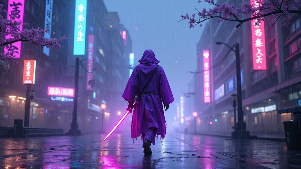 Cyberpunk Samurai Strides Through Rainy Neon Streets in Vibr...