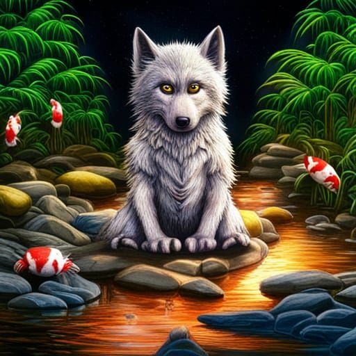 Baby Werewolf with Koi Fish in Candy Art Style