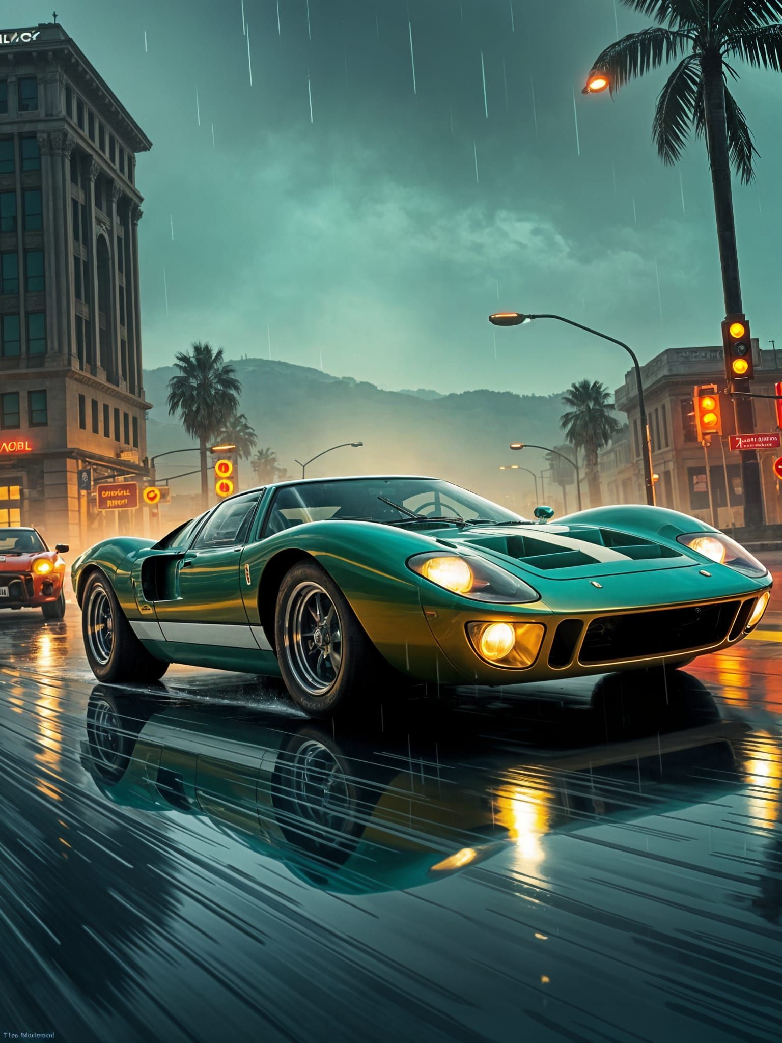 Ford GT40 Races Through Rainy City in Anime Style