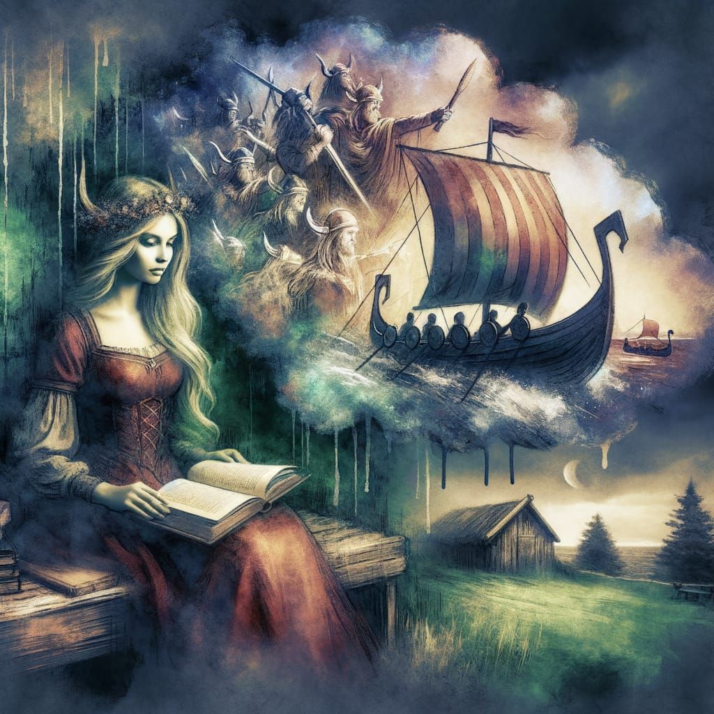 Ethereal Norse Goddess Lost in Ancient Village Green