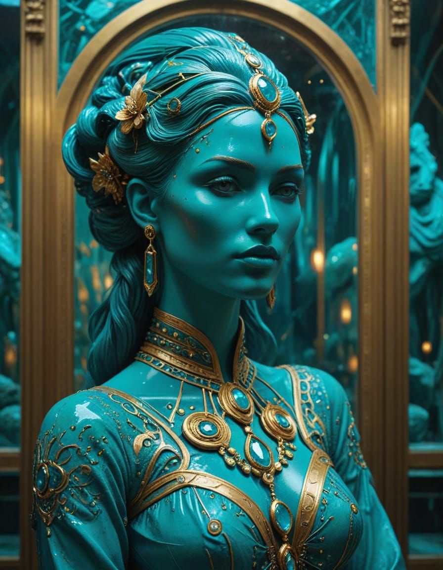 Mystic in Dark Turquoise Haze, Gouache Expressionism