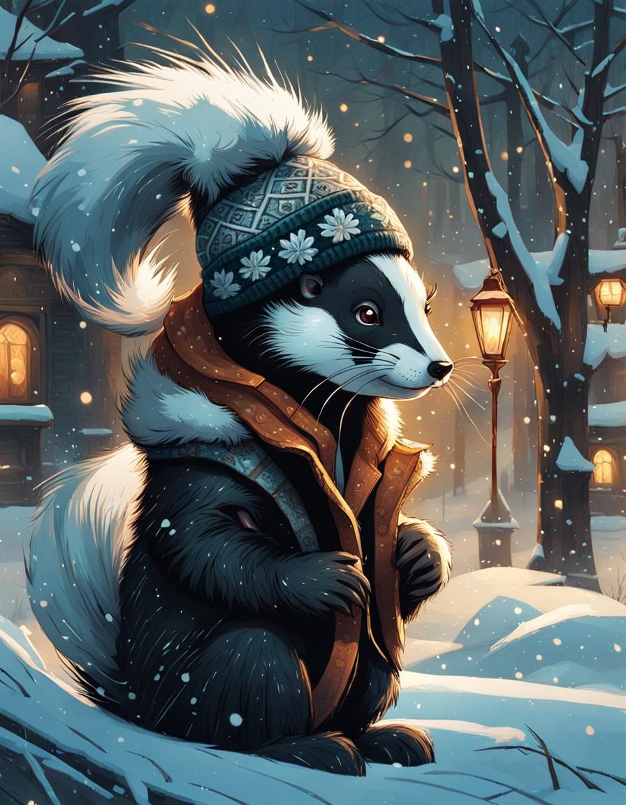 Skunk in Beanie Winter Scene: Digital Art