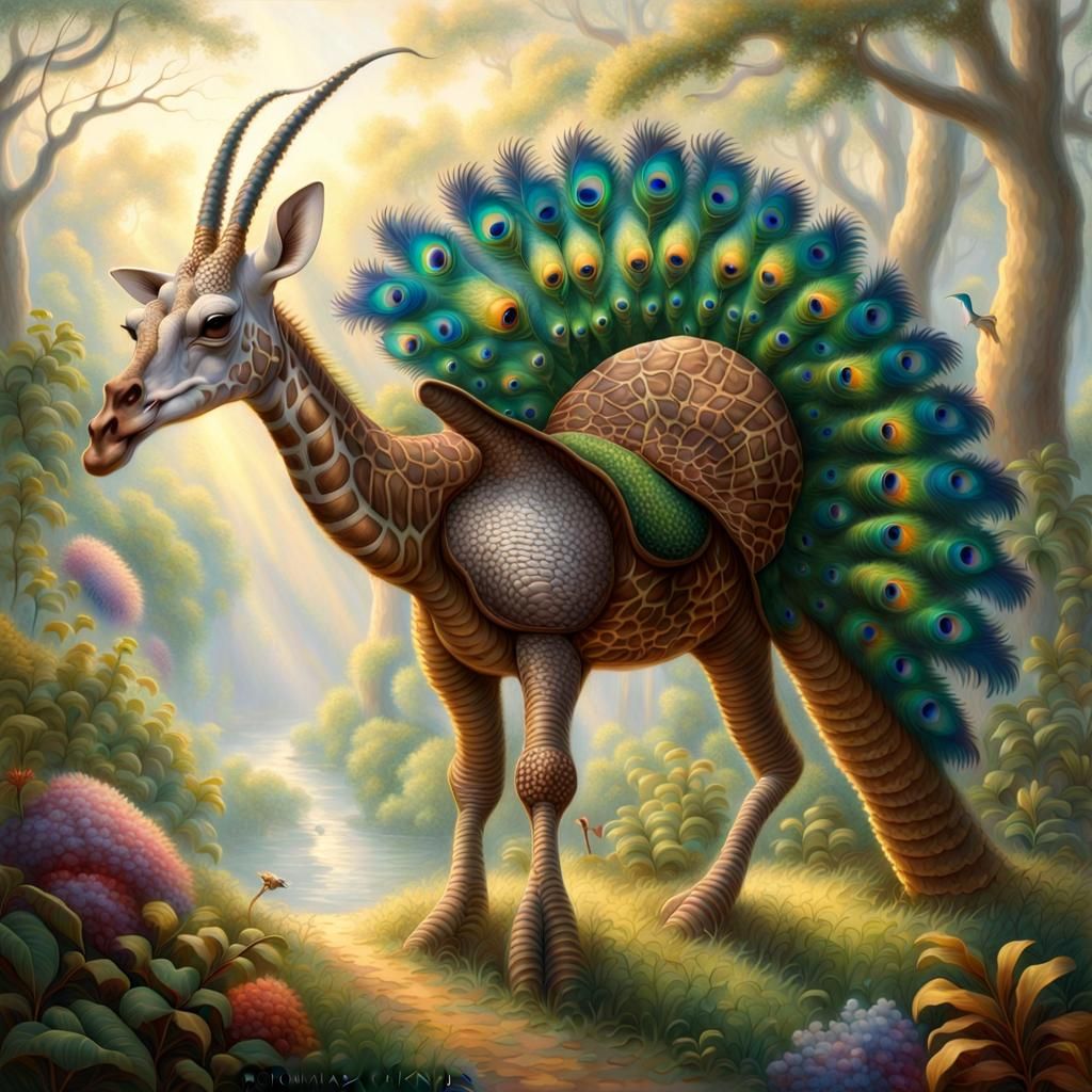 Winged Armadillo with Peacock Tail in Fantasy Style