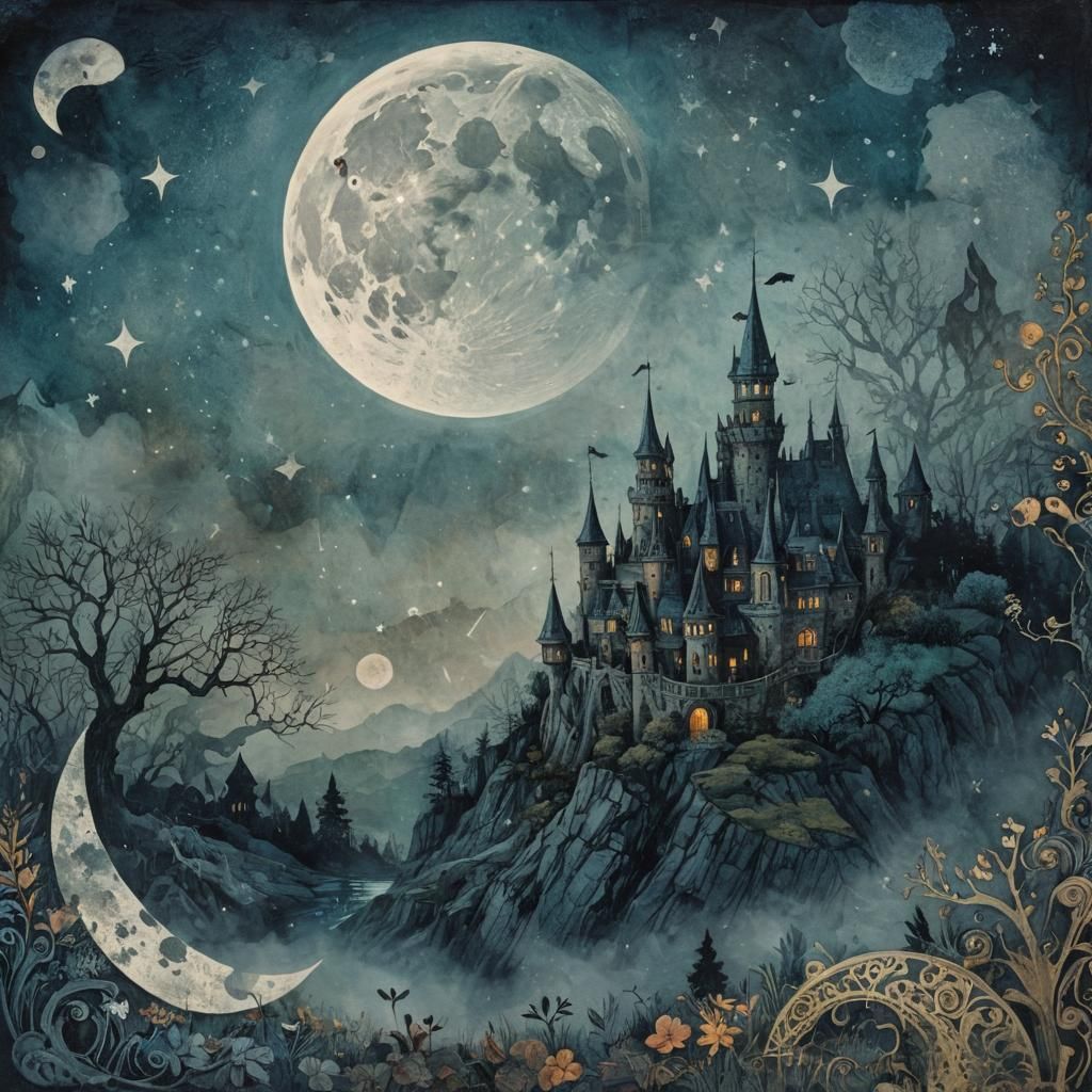 Mystical Moonlit Landscape in 2D Style