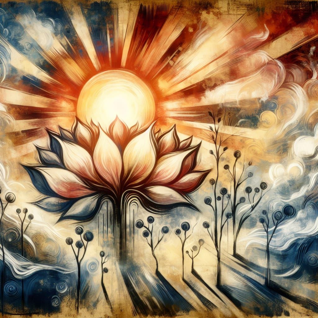 Sun Blooms as Flower: Acrylic and Encaustic Illustration