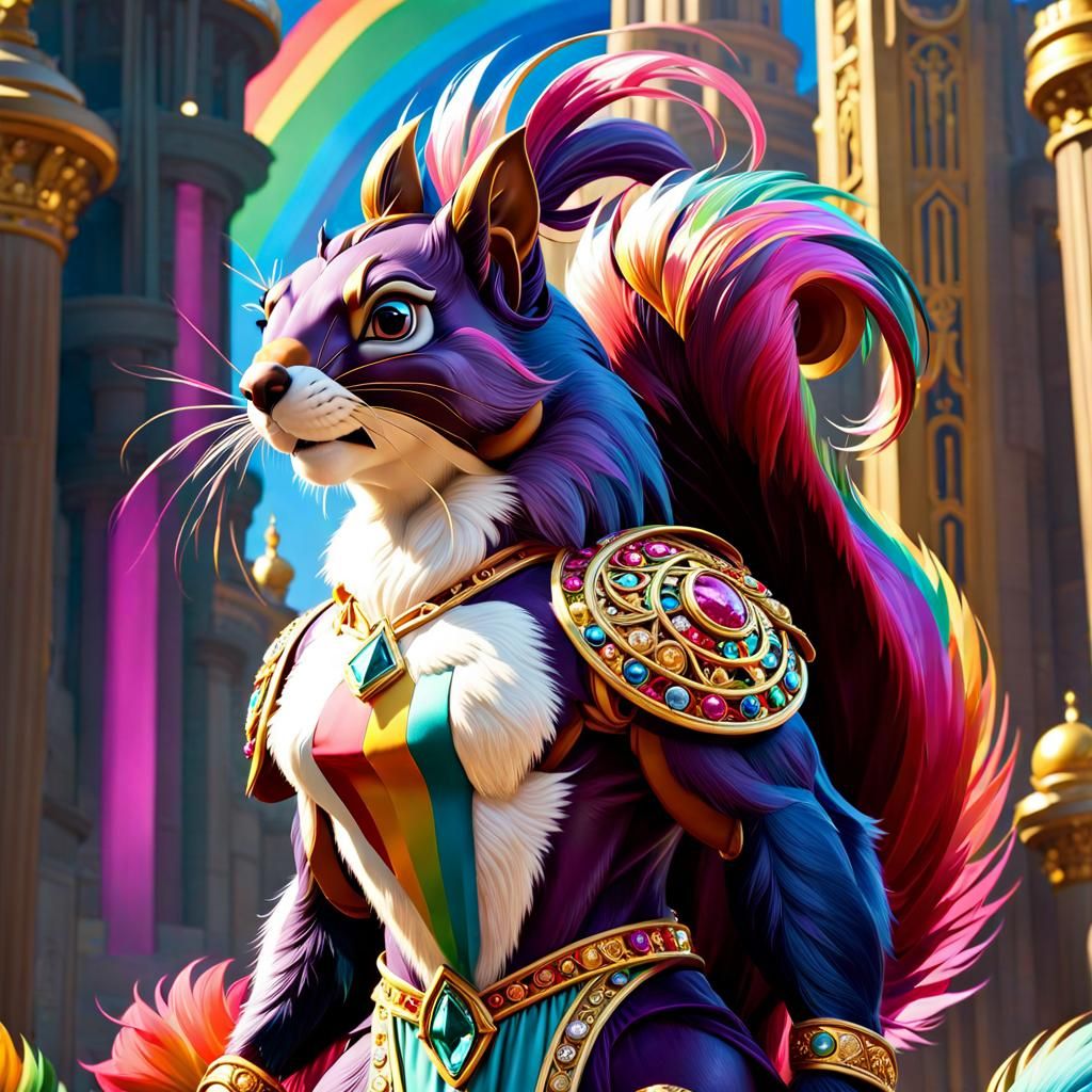 Rainbow Squirrel Warrior in Disney Pixar Style