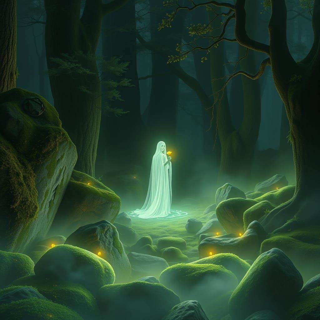 Ethereal Forest Spirit Amidst Bioluminescent Flora