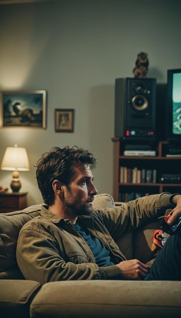 Man Watching Television: Cinematic Film Still