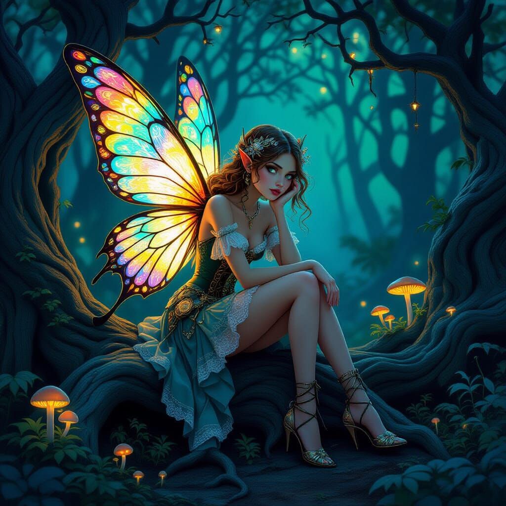 Fairy with Stained Glass Wings on Ancient Root in Twilight F...